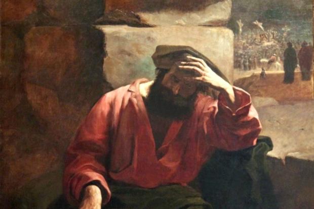 Gemälde des niedergeschlagenen Judas Iskariot mit Silberlingen zu seinen Füßen und der Kreuzigung im Hintergrund