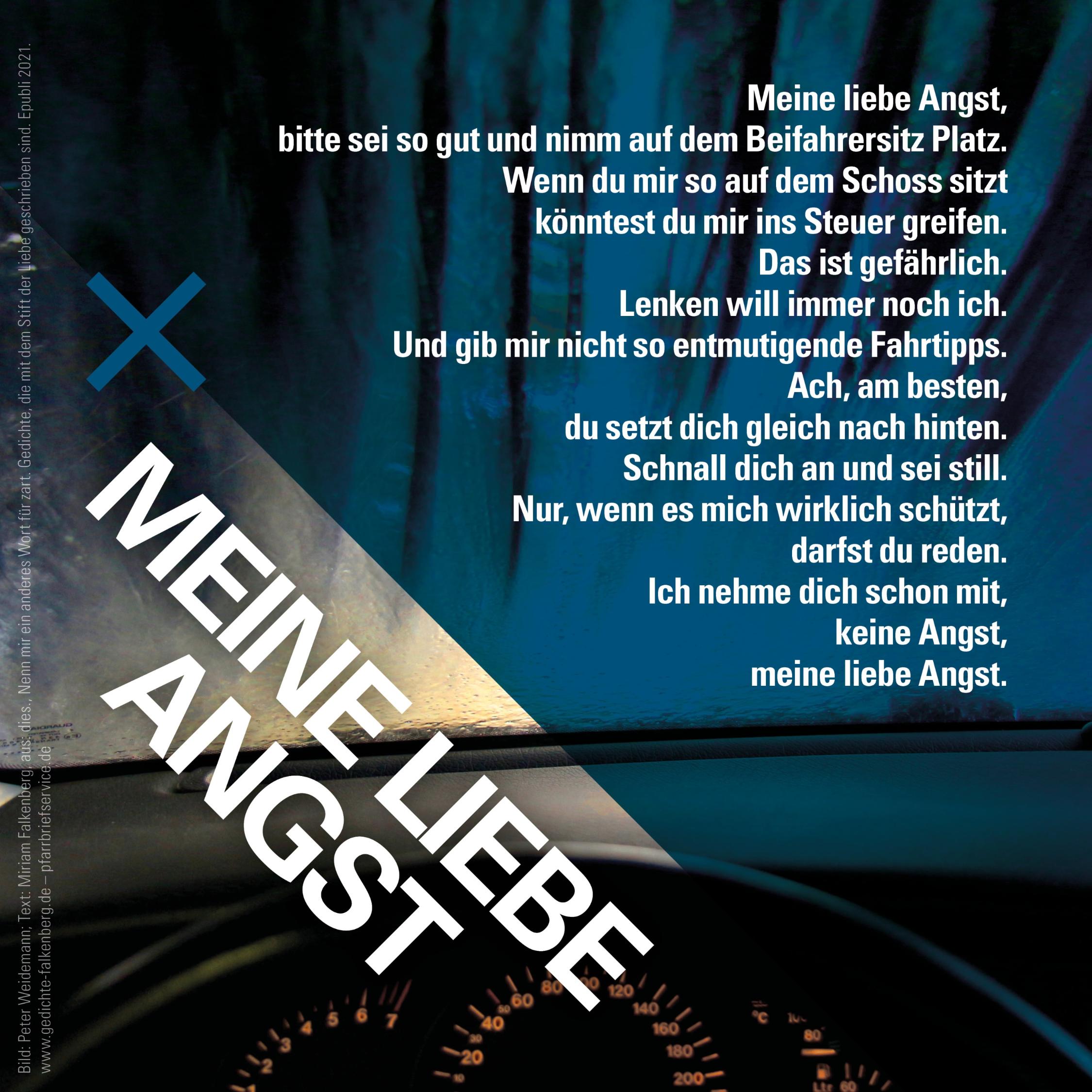 Meine liebe Angst,  bitte sei so gut und nimm auf dem Beifahrersitz Platz.  Wenn du mir so auf dem Schoss sitzt  könntest du mir ins Steuer greifen.  Das ist gefährlich.  Lenken will immer noch ich.  Und gib mir nicht so entmutigende Fahrtipps.  Ach, am besten,  du setzt dich gleich nach hinten.  Schnall dich an und sei still.  Nur, wenn es mich wirklich schützt,  darfst du reden.  Ich nehme dich schon mit,  keine Angst,  meine liebe Angst.