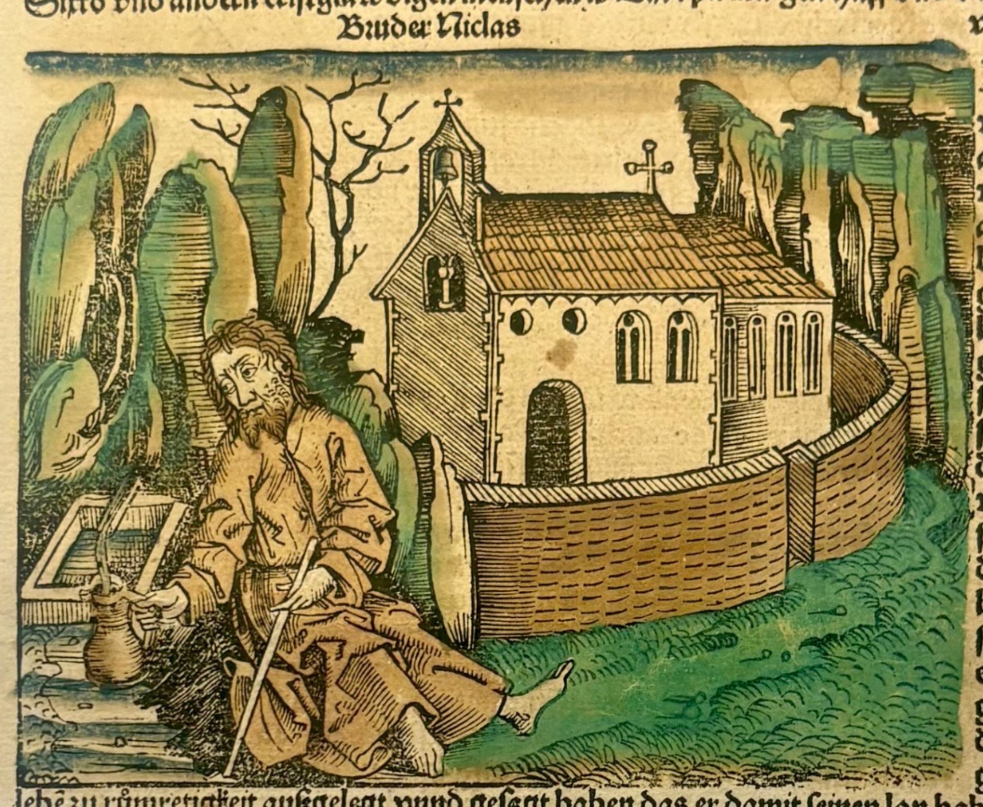 Seite der Schedelsche Chronik mit einer Zeichnung von Bruder Klaus am Brunnen vor einer Kapelle in den Bergen