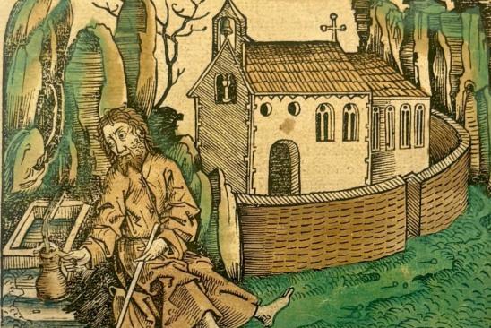 Seite der Schedelsche Chronik mit einer Zeichnung von Bruder Klaus am Brunnen vor einer Kapelle in den Bergen