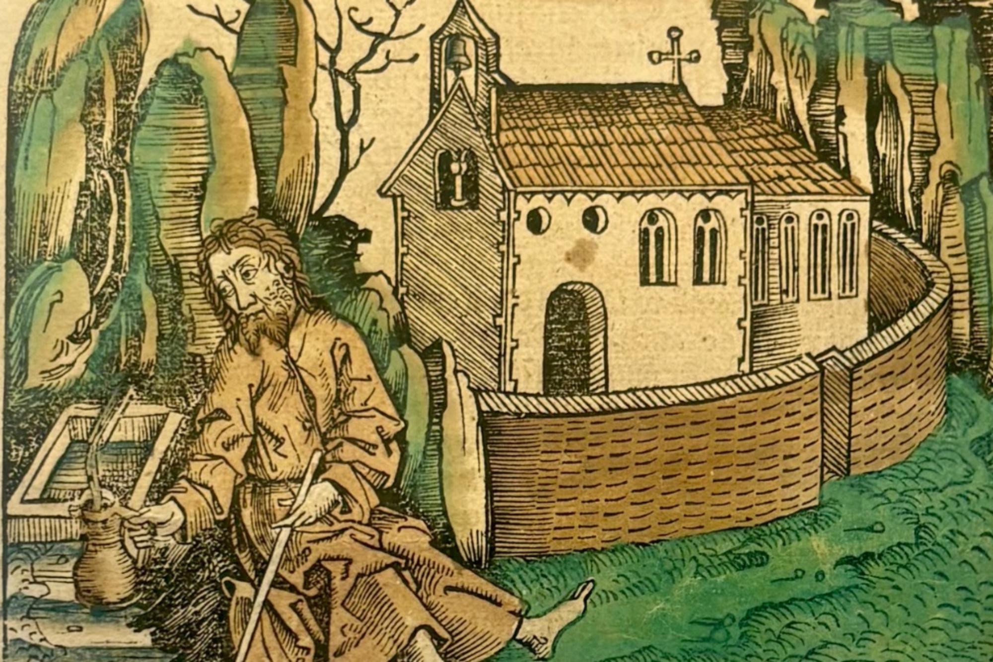 Seite der Schedelsche Chronik mit einer Zeichnung von Bruder Klaus am Brunnen vor einer Kapelle in den Bergen